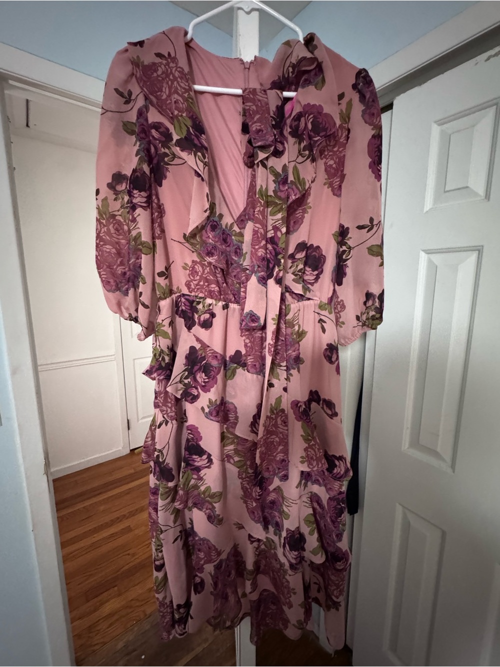 Betsey Johnson Ruffle Midi Dress - Pink with Purple Floral
